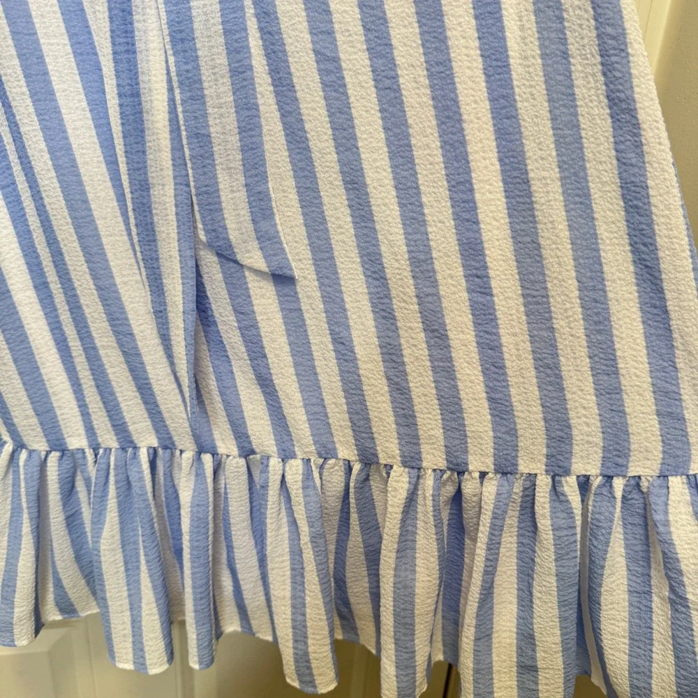 Avec Les Filles Shift Dress Size 10 Blue White Striped Tie Front Ruffle Coastal